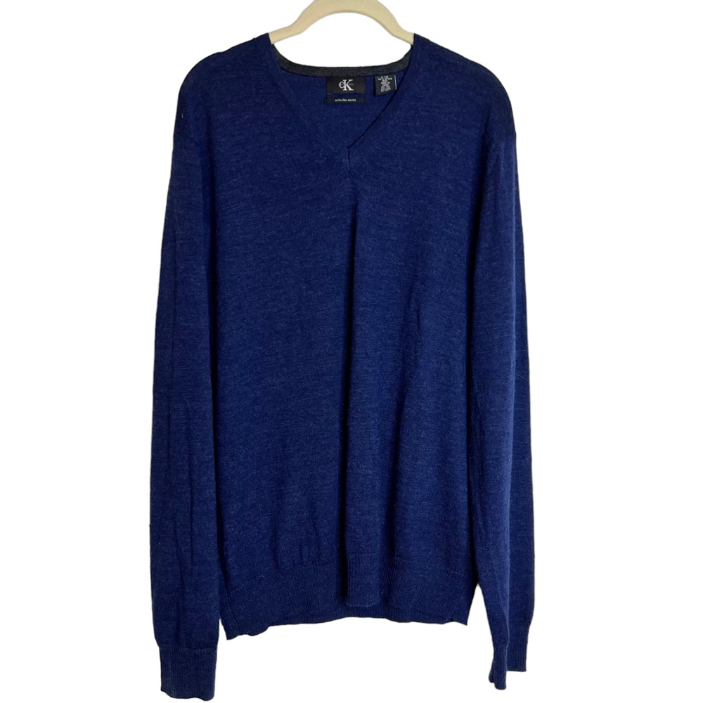 Calvin Klein Mens Sweater Large Dark Blue Extra Fine Merino Wool Pullover V-Neck